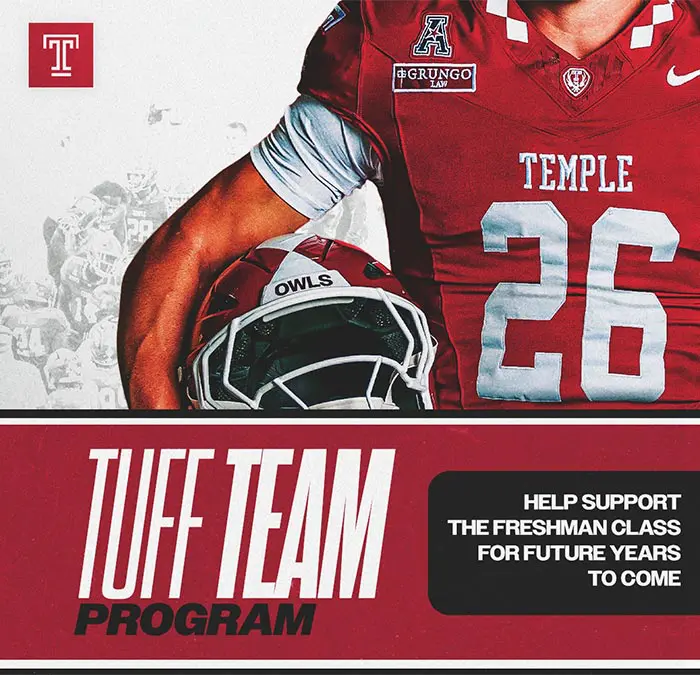 TUFF Team Program graphic: Temple football jersey number 26 and helmet, with text reading Help support the freshman class for future years to come
